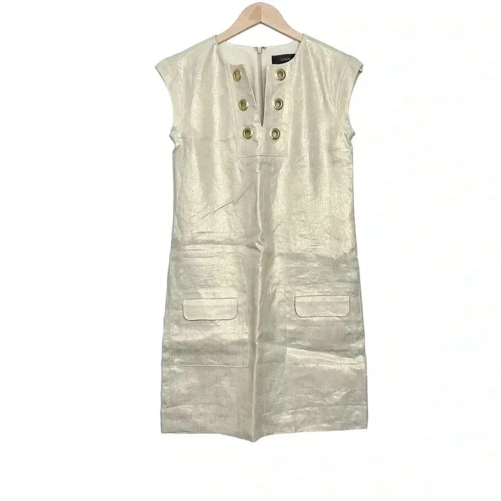 J. Crew Gold Foil Linen Dress Size 00 Grommets Cap Sleeve